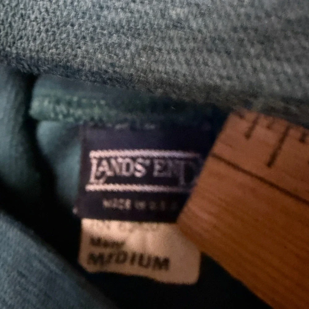 Vintage Lands End Turtleneck Mens Medium Teal Blue Green Made in USA Long Sleeve